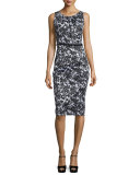 Floral-Print Stretch-Cotton Sheath Dress, Black/White
