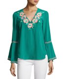 Embroidered Silk Crepe de Chine Top, Jade