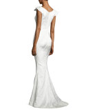 Tonal-Jacquard V-Neck Gown, White