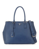 City Calfskin Bicolor Double-Zip Galleria Tote Bag, Dark Blue/Green (Bluette+Assenzio)