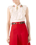 Embroidered Silk Twill Top, White