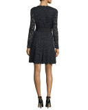 Shaelyn Lace Long-Sleeve Wrap Dress, Black/Navy/Black