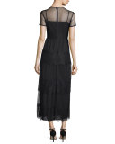 Short-Sleeve Long Chantilly Lace Dress, Navy