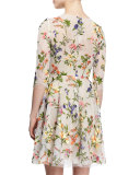 3/4-Sleeve Floral-Embroidered Dress, Multi Colors