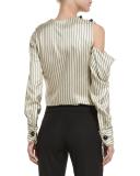 Pinstripe Cold-Shoulder Blouse, Ivory/Black