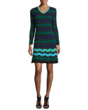 Long-Sleeve V-Neck Ribbon-Striped Dress, Teal