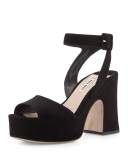 Suede Platform Ankle-Wrap Sandal, Black (Nero)