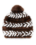 Mink Fur Beanie Hat, Brown/White