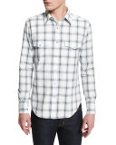 Western-Style Large-Check Sport Shirt, Indigo