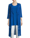 3/4-Sleeve Mix-Crochet Duster Jacket, Royal