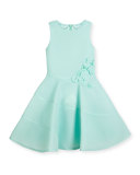 Sleeveless Floral Mesh Neoprene Fit-and-Flare Dress, Aqua Blue, Size 8-16