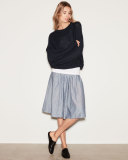 Pencil-Stripe Shirred Full Skirt, Blue/White