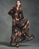 Galaxy Garden-Print Tiered Maxi Skirt, Red/Black