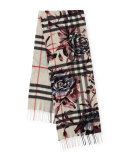 Cashmere Check & Floral Fringe Scarf, Light Gray