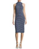 Mock-Neck Striped Midi Tank Dress, Navy