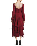 Fira Tiered Silk Dress, Pomegranate
