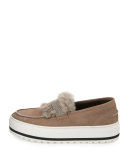 Fur-Trim Monili Platform Sneaker, Brown