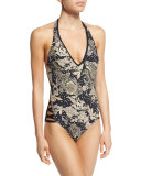 Ornamental Floral Halter One-Piece Swimsuit