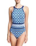 Shibori High-Neck One-Piece Swimsuit, Blue