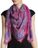 Hera Feather-Print Cashmere & Silk Square Scarf, Red