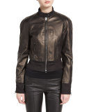 Stand-Collar Zip-Front Leather Bomber Jacket, Black