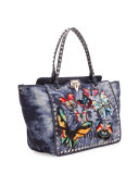 Rockstud Butterfly-Embroidered Tie-Dye Tote Bag, Denim