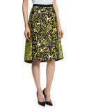 Floral-Print Structured A-Line Skirt, Citron/Black