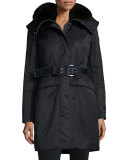 Hooded Belted Fur-Trim Parka, Navy