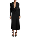 Long-Sleeve Draped-Front Midi Dress, Black