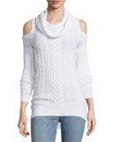 Cotton Cable-Knit Cold-Shoulder Sweater, Swan