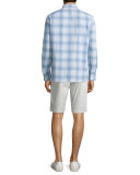 Plaid Linen-Blend Long-Sleeve Sport Shirt, White/Light Blue