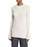Bell-Sleeve Ribbed Pullover Top, Champagne