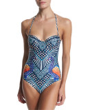 Peacock-Printed Bustier One-Piece Swimsuit