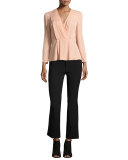 Long-Sleeve Georgette Wrap Top, Nude