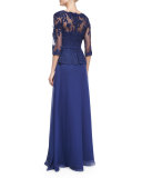 Lace-Bodice Tulle Gown, Navy