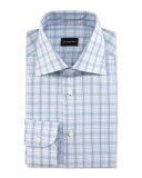Plaid-Windowpane Long-Sleeve Dress Shirt, Light Blue