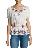 Winona Short-Sleeve Embroidered Top, Ivory