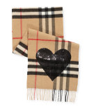 Giant Check Sequin Heart Cashmere Scarf, Camel/Black