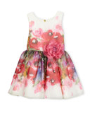 Sleeveless Smocked Floral Chiffon Dress, Pink, Size 7-16