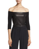 Mel Off-the-Shoulder Leather-Panel Crop Top, Black