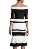 Bold-Stripe Off-the-Shoulder Trumpet Midi Dress, Black/White