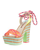 Jade Ankle-Wrap Platform Sandal, Fluorescent Orange/Multi