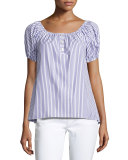 Striped Short-Sleeve Bardot Top, Blue