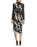 Mixed-Lace Asymmetric Midi Dress, Black