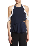 Silk Ruffle-Trim Halter Top, Navy