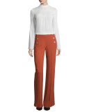 Long-Sleeve Silk Blouse w/Pintucked Yoke, White
