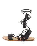 Saffron Leather Tassel Flat Sandal, Black