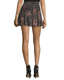 Smocked Floral Silk Mini Skirt, Noir