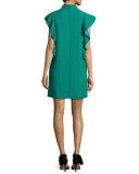 flutter-sleeve satin crepe shift dress, emerald ring