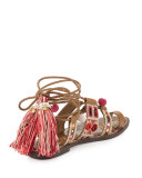 Gretchen Embroidered Lace-Up Flat Sandal, Camel/Pink